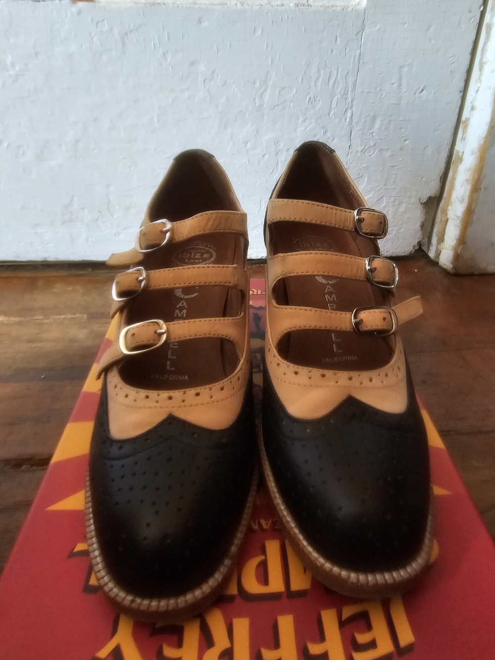 Jeffrey Campbell Black and Tan Triple-Strap Brogues